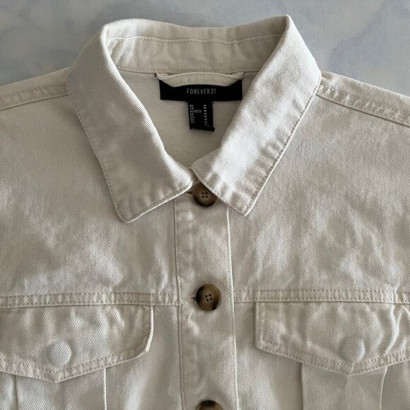 Forever 21 Cream Cropped Button Up Cotton Denim Jacket - Picture 4 of 7